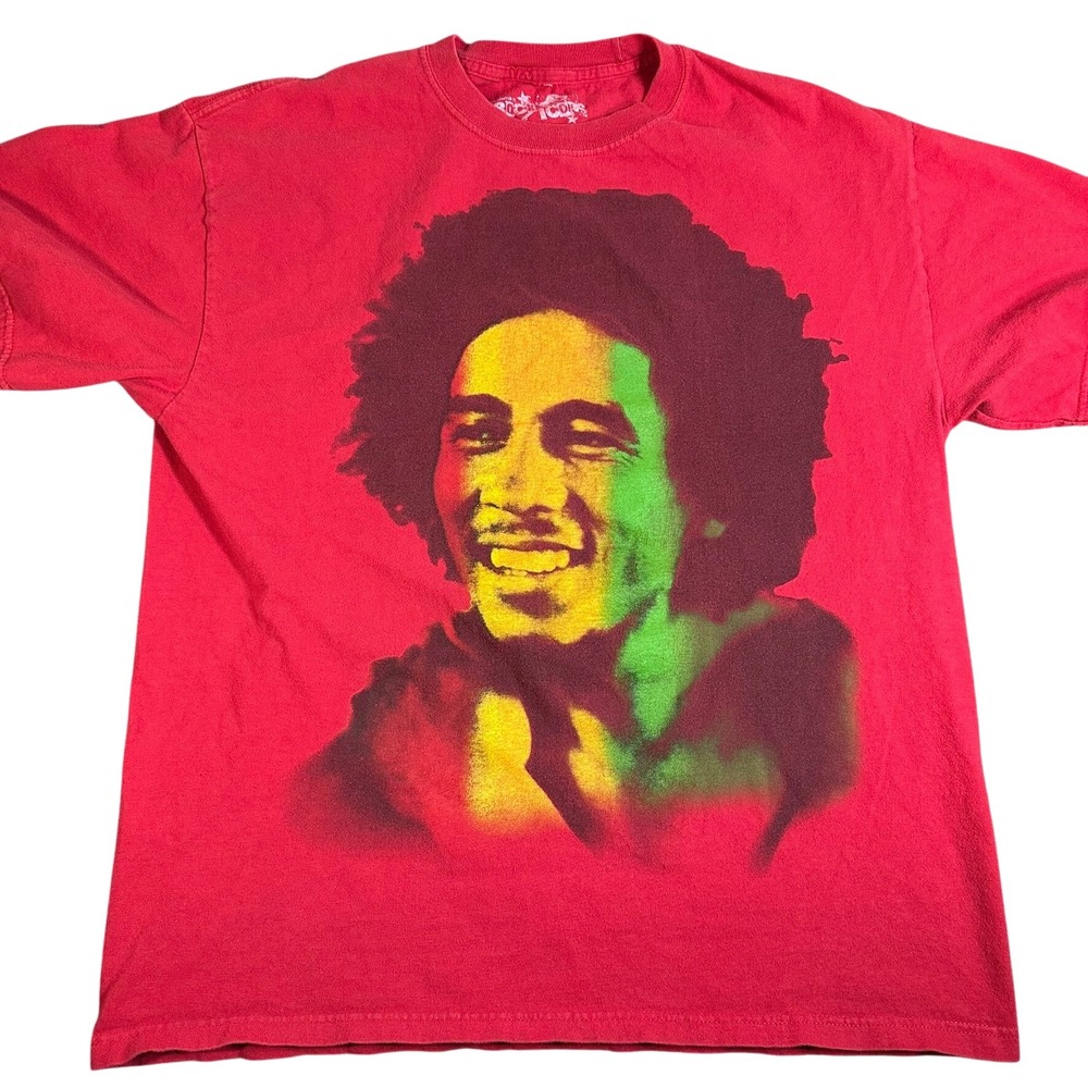 Rock Icons Bob Marley Graphic T-Shirt Mens Large Red Rasta Portrait Cotton Tee